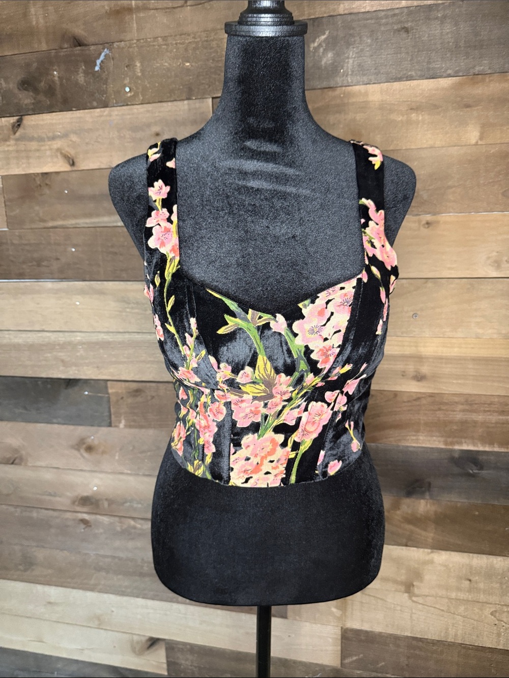 superdown Black Velvet Cropped Camisole with Pink Floral